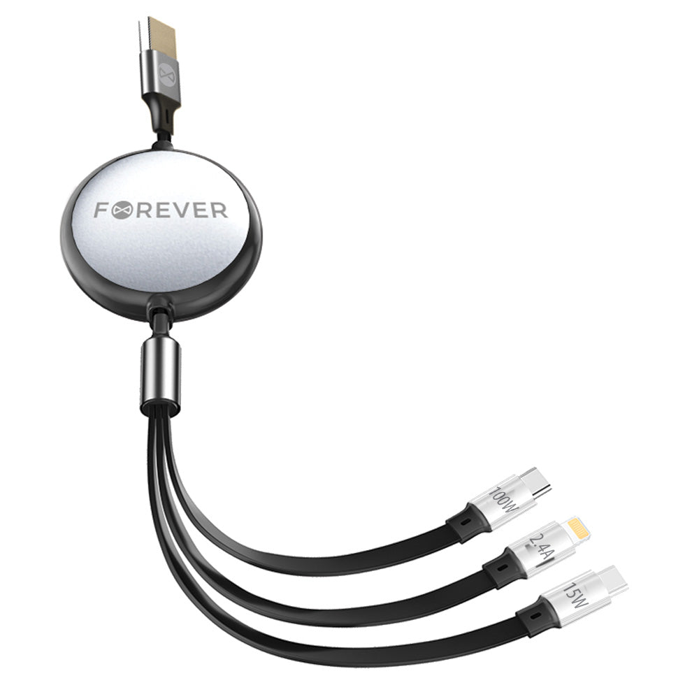 Nabíjací kábel USB-A - Lightning / 2 x USB-C Forever 3in1, 100W, 1.2m, Čierny