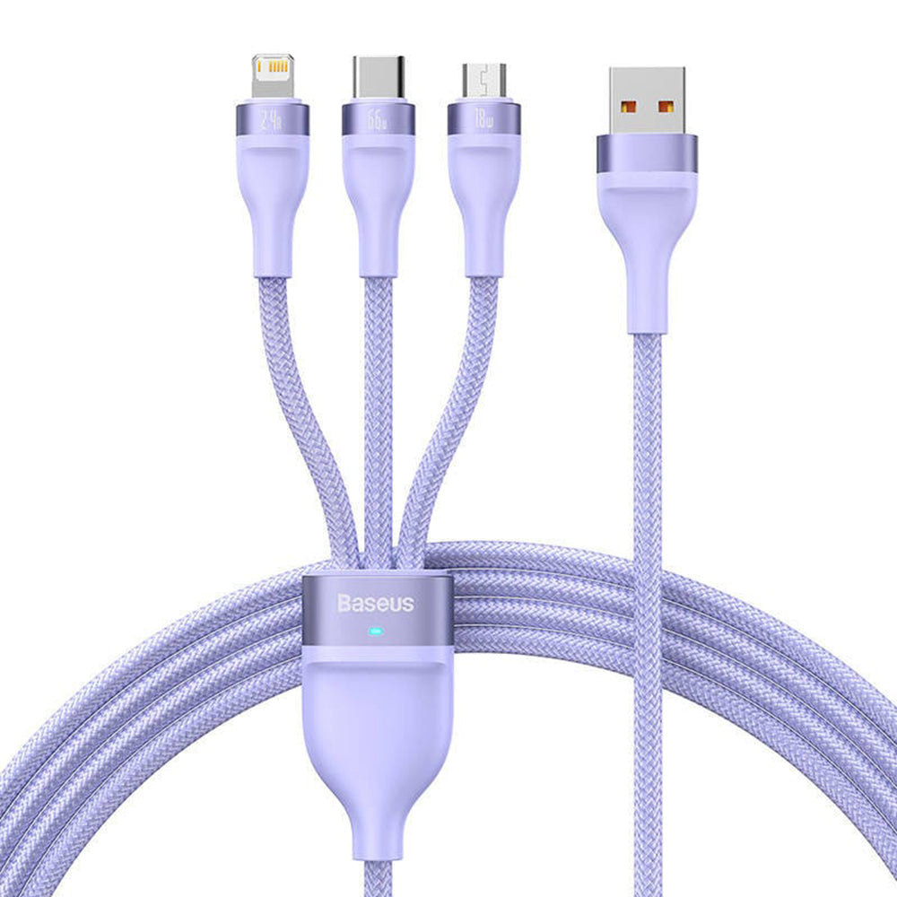 Nabíjací kábel USB-A - Lightning / microUSB / USB-C Baseus Flash Series II 3in1, 66W, 1.2m, Fialový CASS040005