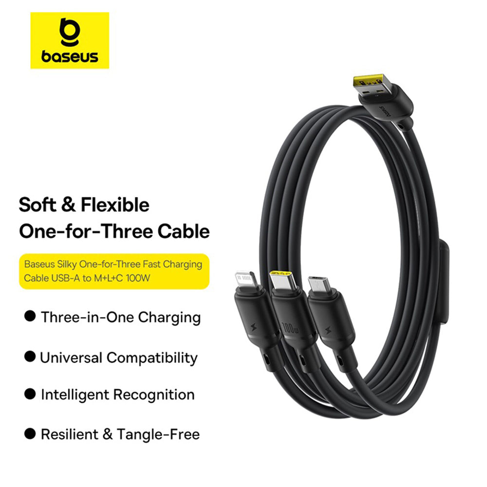 Nabíjací kábel USB-A - Lightning / microUSB / USB-C Baseus Silky 3in1, 100W, 1.5m, Čierny P10377705123-00