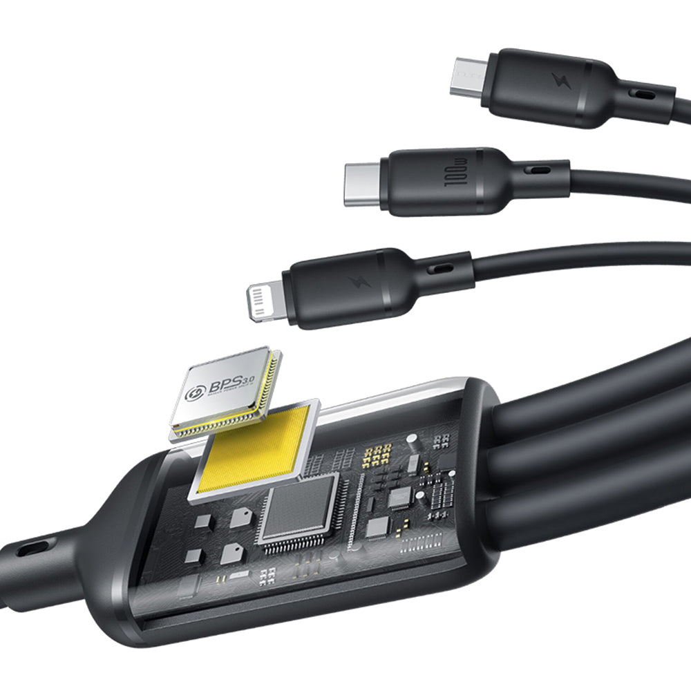 Nabíjací kábel USB-A - Lightning / microUSB / USB-C Baseus Silky 3in1, 100W, 1.5m, Čierny P10377705123-00