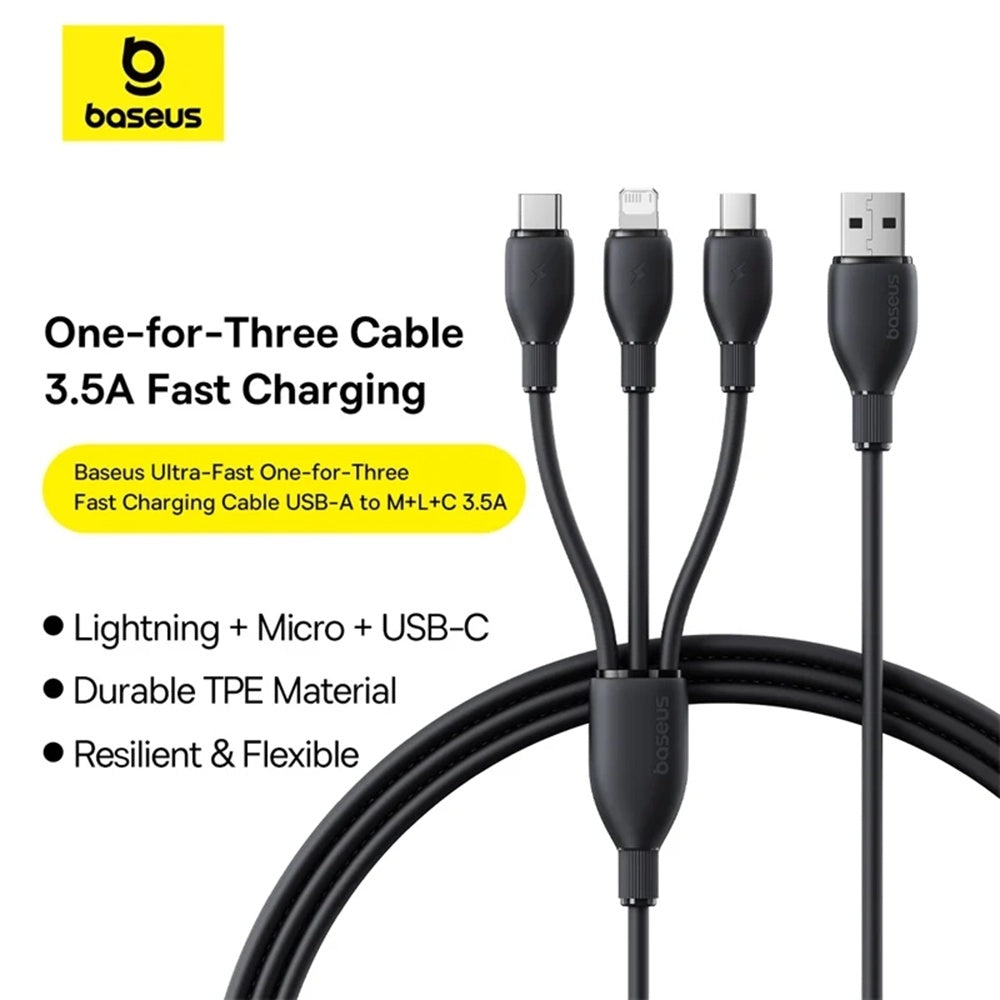 Kábel na nabíjanie USB-A - Lightning / microUSB / USB-C Baseus Ultra Fast 3in1, 18W, 1.3m, Čierny P10376303121-00