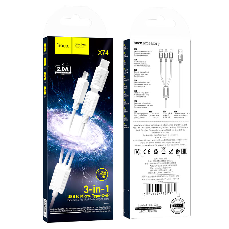Nabíjací kábel USB-A - Lightning / microUSB / USB-C HOCO X74 3v1, 18W, 1m, Biela