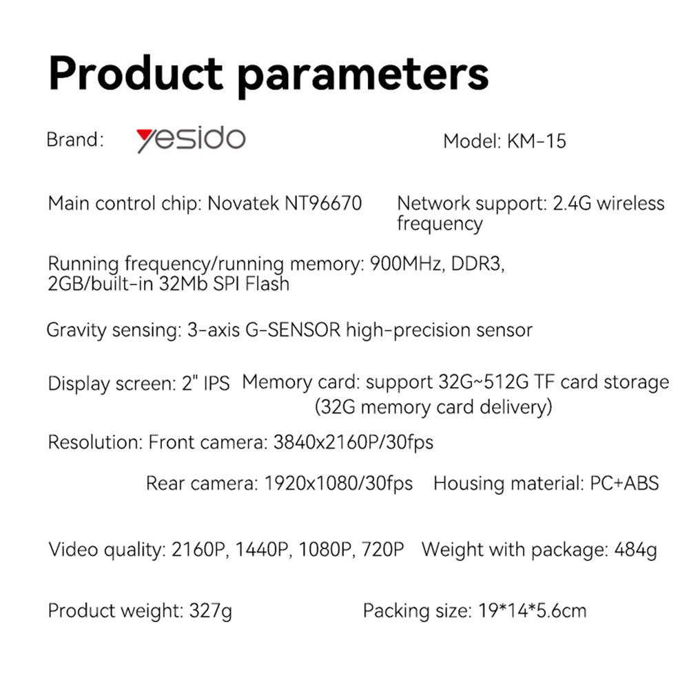 Auto kamera Yesido KM15, predná a zadná, 4K, Wi-Fi, displej 2 palce