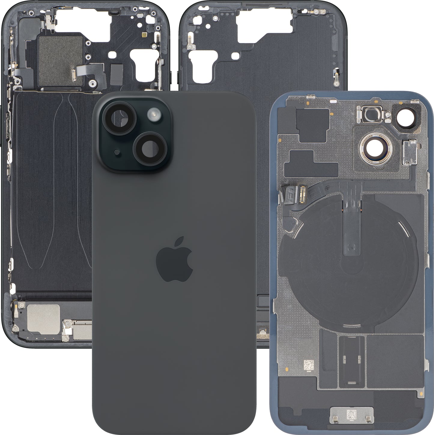 Kryt batérie Apple iPhone 15, S stredným krytom, Kompletné diely, Čierny, Swap