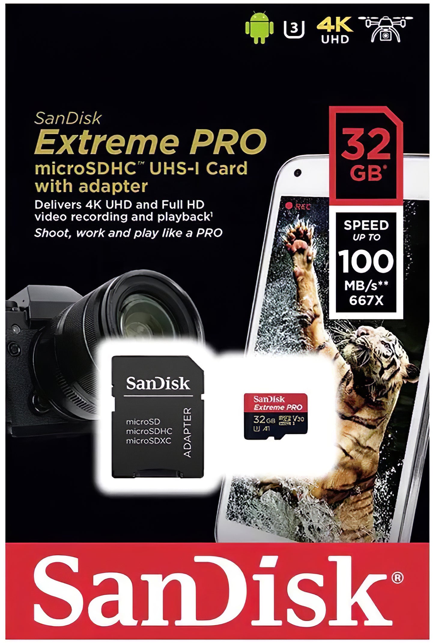 SanDisk Extreme Pro microSDHC Memory Card, 32GB, Class 10 / UHS-1 U3, With Adapter SDSQXCG-032G-GN6MA