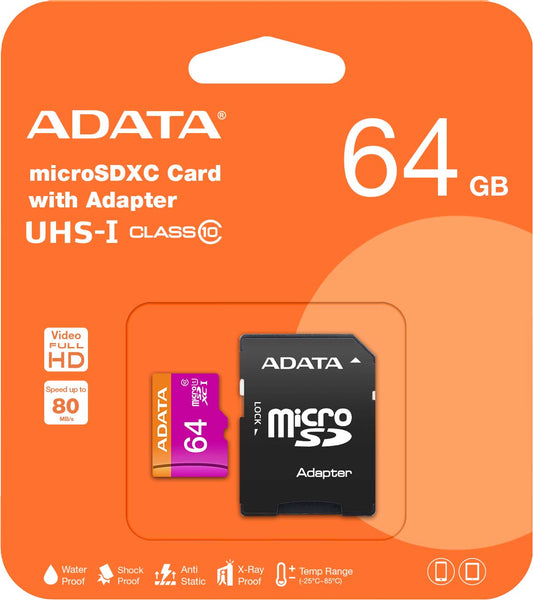 Adata microSDXC pamäťová karta, 64Gb, Class 10 / UHS-1 U1, s adaptérom AUSDX64GUICL10-RA1