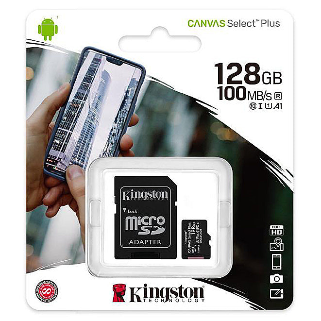Pamäťová karta microSDXC Kingston Canvas Select Plus Android A1, 128Gb, Trieda 10 / UHS-1 U1, S adaptérom SDCS2/128GB