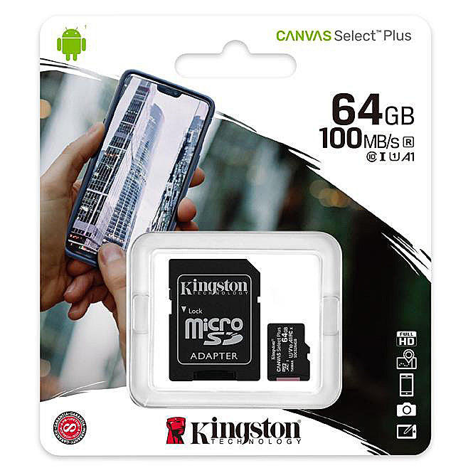 Pamäťová karta microSDXC Kingston Canvas Select Plus Android A1, 64Gb, Trieda 10 / UHS-1 U1, S adaptérom SDCS2/64GB