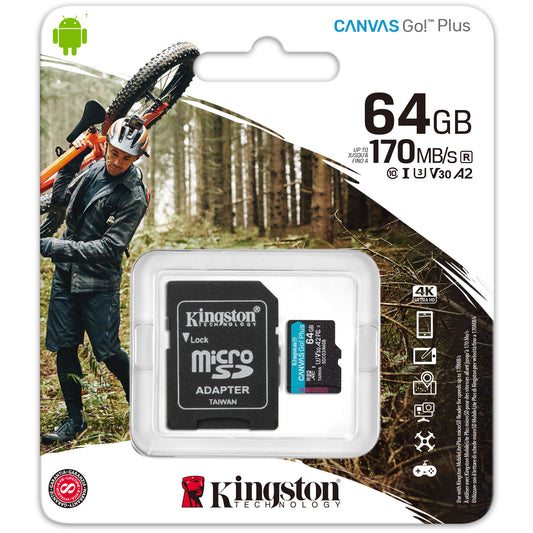 Pamäťová karta Kingston Canvas Go Plus microSDXC Kingston Canvas Go Plus, 64Gb, Class 10 / UHS-1 U3, s adaptérom SDCG3/64GB