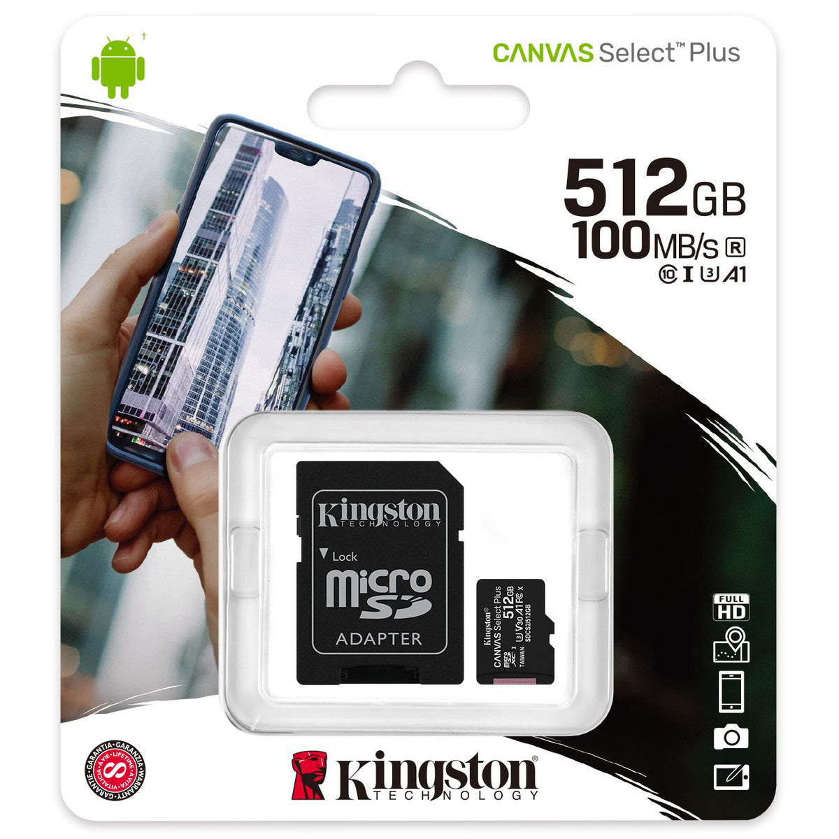 Pamäťová karta microSDXC Kingston Canvas Select Plus Android A1, 512GB, Trieda 10 / UHS-1 U3, s adaptérom SDCS2/512GB