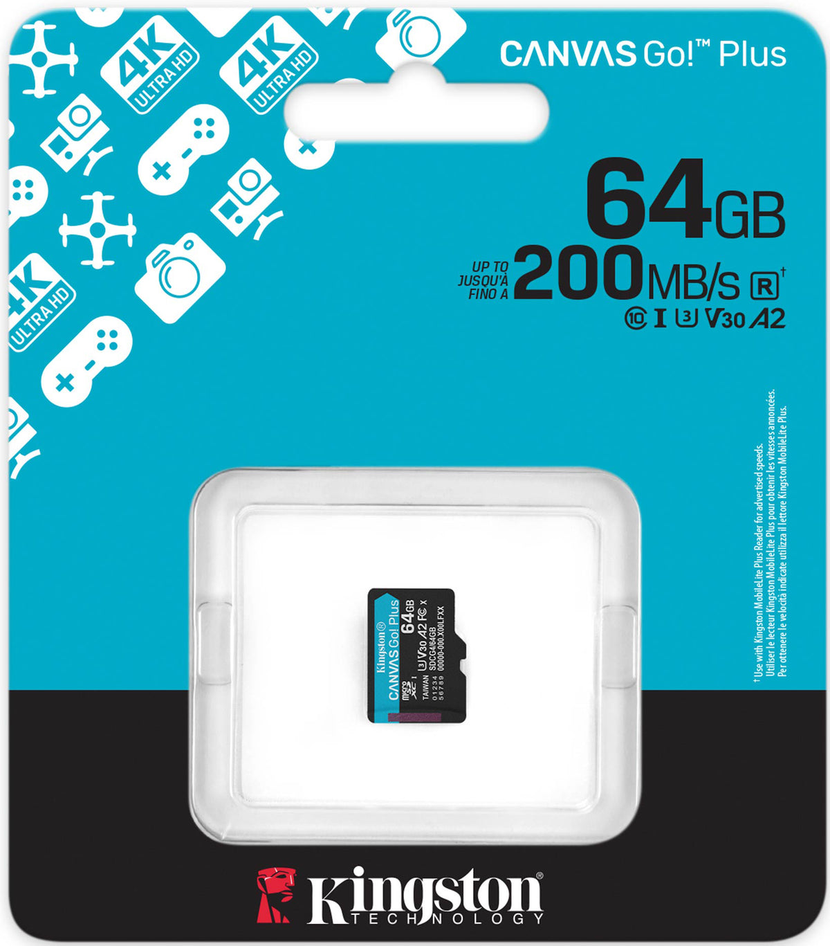 Pamäťová karta microSDXC Kingston Canvas Go Plus Android A2, 64Gb, Trieda 10 / UHS-1 U3 SDCG4/64GBSP