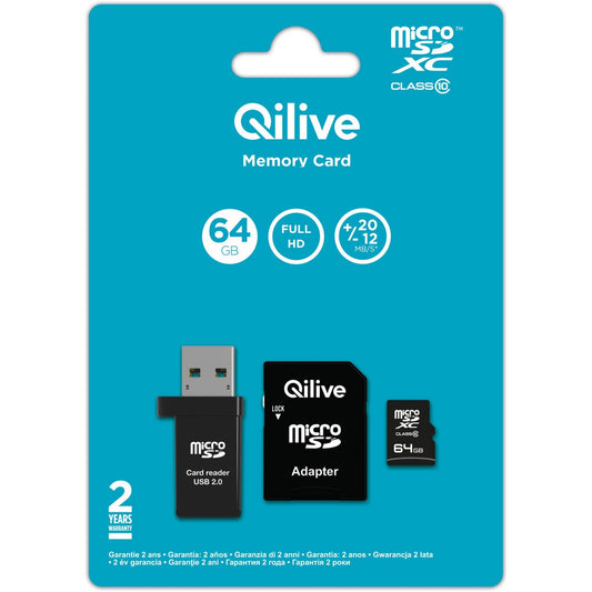 Pamäťová karta microSDXC Qilive, 64Gb, Trieda 10, S čítačkou kariet a adaptérom EKMSDM64GXC10QL