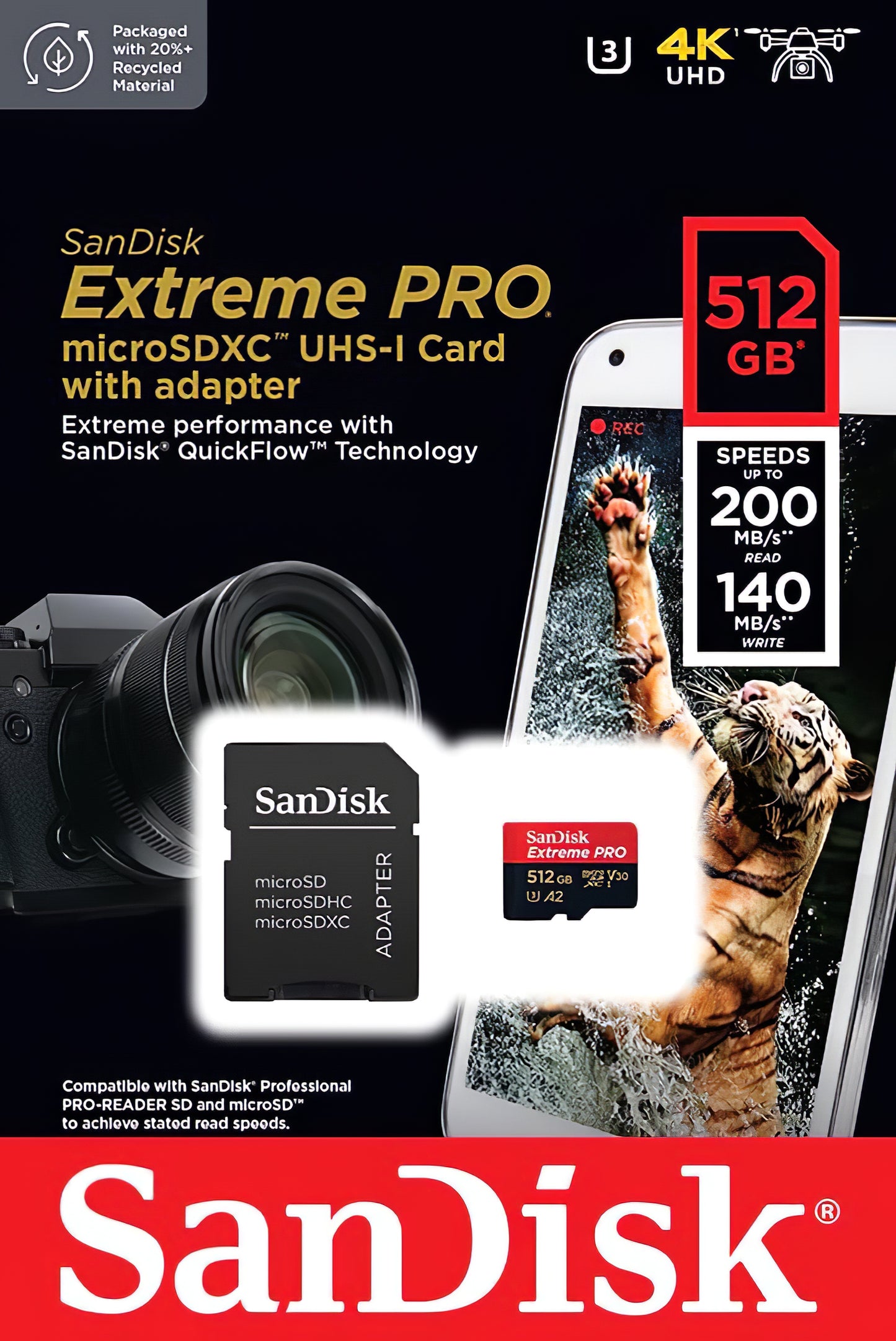 Pamäťová karta microSDXC SanDisk Extreme Pro, 512Gb, Trieda 10 / UHS-1 U3, S adaptérom SDSQXCD-512G-GN6MA