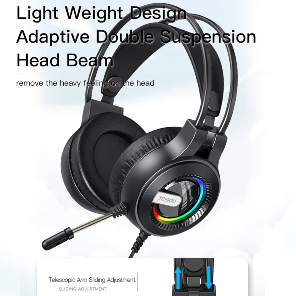 Slúchadlá na hranie 3.5mm Yesido EK02, RGB, 2.2m, Čierne