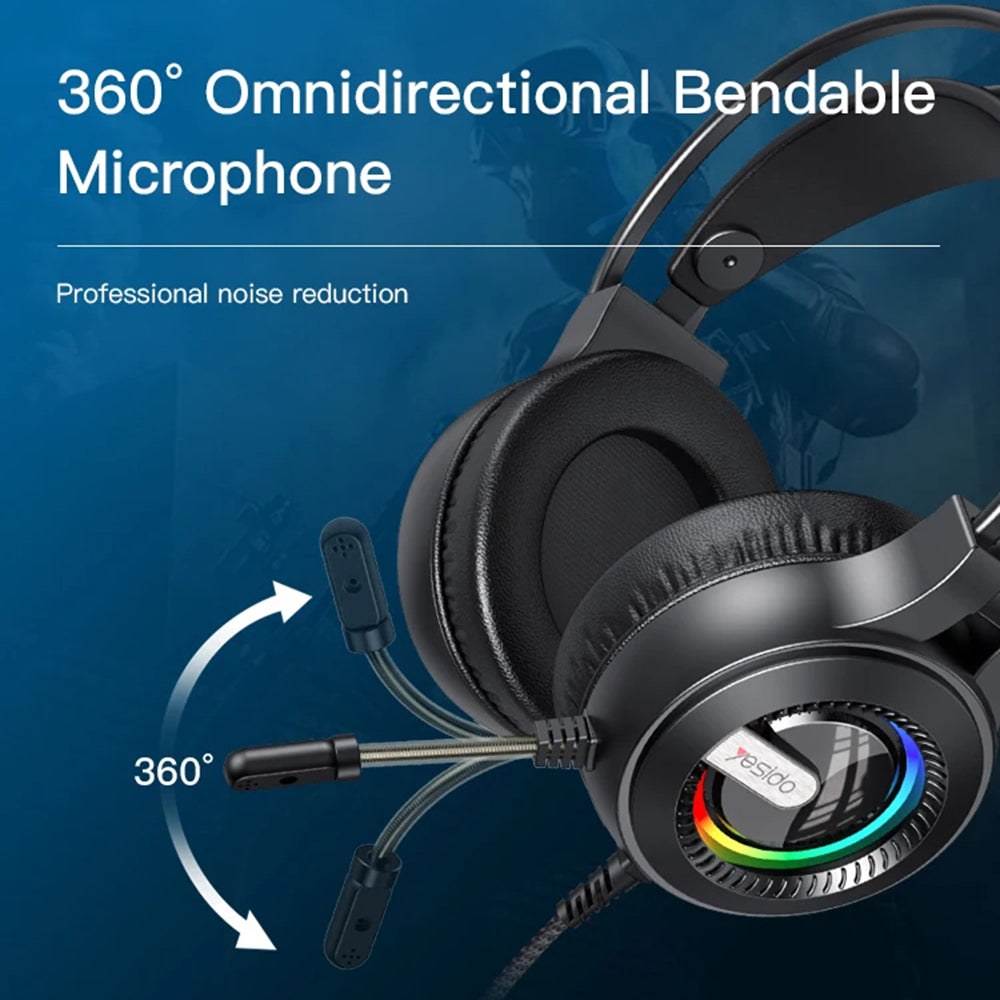 Slúchadlá na hranie 3.5mm Yesido EK02, RGB, 2.2m, Čierne