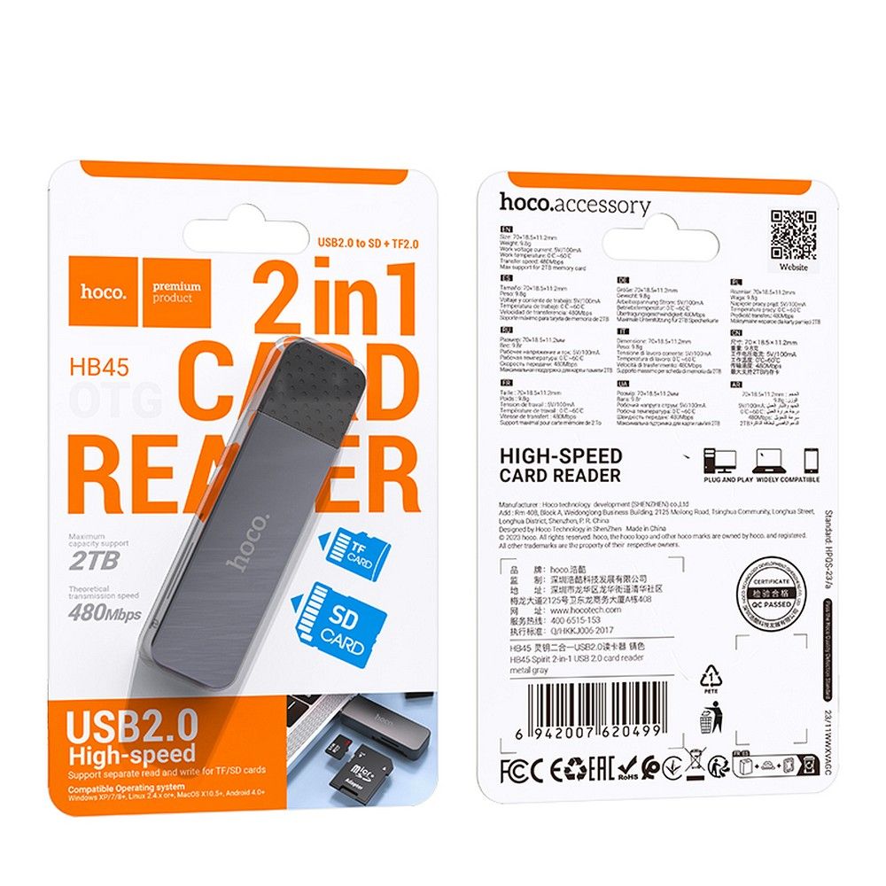 Čítačka kariet USB HOCO HB45, SD - microSD, Sivá