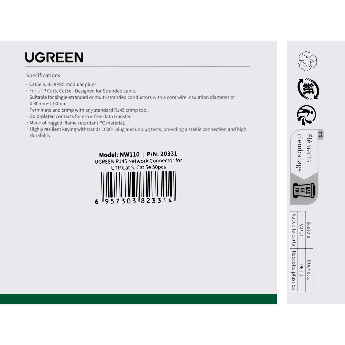 Sieťový konektor UGREEN NW110, RJ45, Cat5/5e, sada 50 kusov
