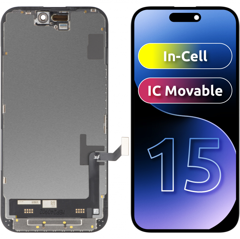 Displej s dotykovou obrazovkou JK pre Apple iPhone 15, s rámom, verzia LCD In-Cell IC Movable, čierna