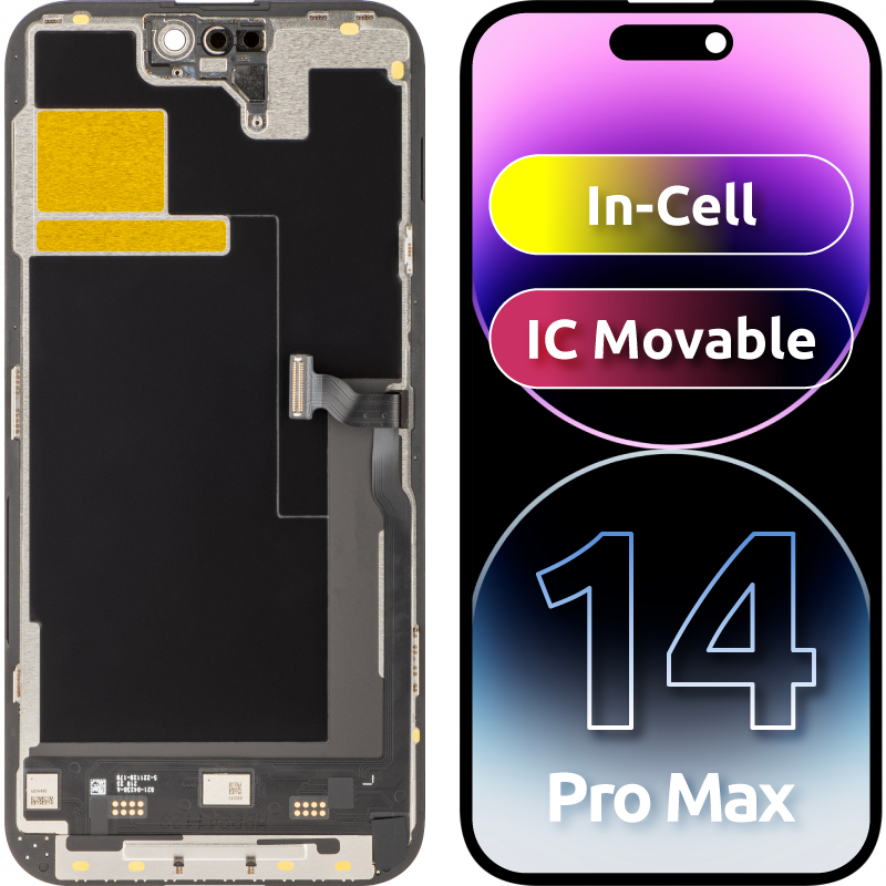 Dotykový displej JK pre Apple iPhone 14 Pro Max, s rámom, verzia s pohyblivým LCD displejom s integrovaným integrovaným obvodom, čierny