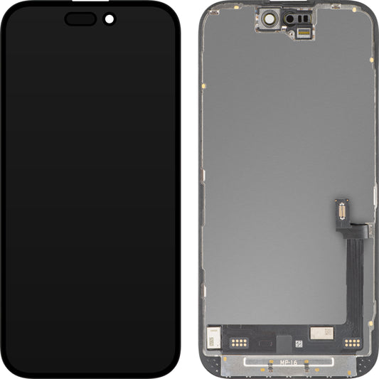 MP dotykový displej kompatibilný s Apple iPhone 16, s rámom, prémiová verzia Soft OLED FHD 120Hz diagnostický, čierny