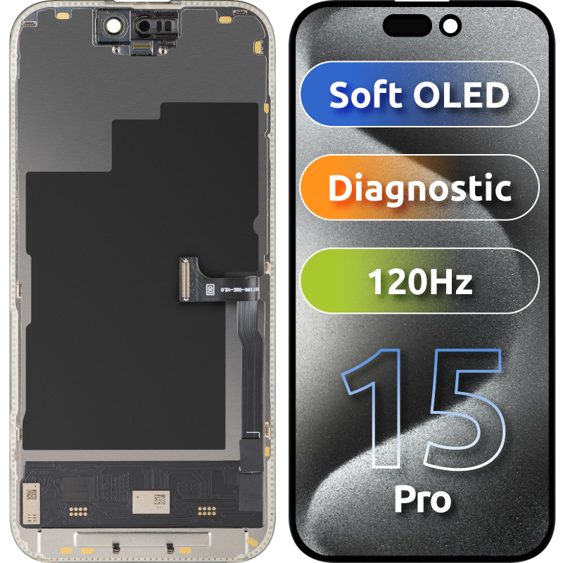 Displej s dotykovou obrazovkou MP kompatibilný s Apple iPhone 15 Pro, s rámom, verzia Soft OLED FHD 120Hz Diagnostic, čierna