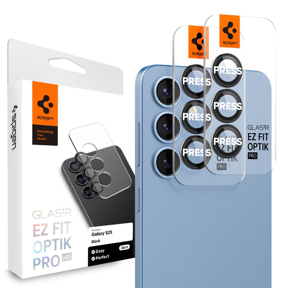 Ochranná fólia na zadnú kameru Spigen GlastR EZ FIT Optik Pro HD pre Samsung Galaxy S25+ S936, Kalené sklo, Sada 2 kusy, Čierna AGL09088