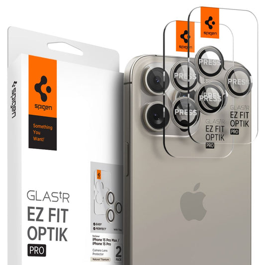 Back Camera Protective Film Spigen EZ FIT for Apple iPhone 15 Pro Max / 15 Pro, Glass Protected, Set 2 pieces, Gray AGL07163