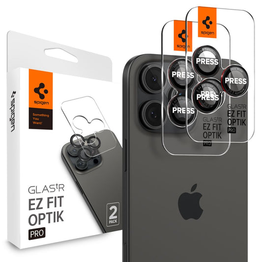 Spigen EZ FIT ochranná fólia na zadný fotoaparát pre Apple iPhone 16 Pro Max / 16 Pro / 15 Pro Max, chránené sklo, sada 2 ks, čierna AGL05217