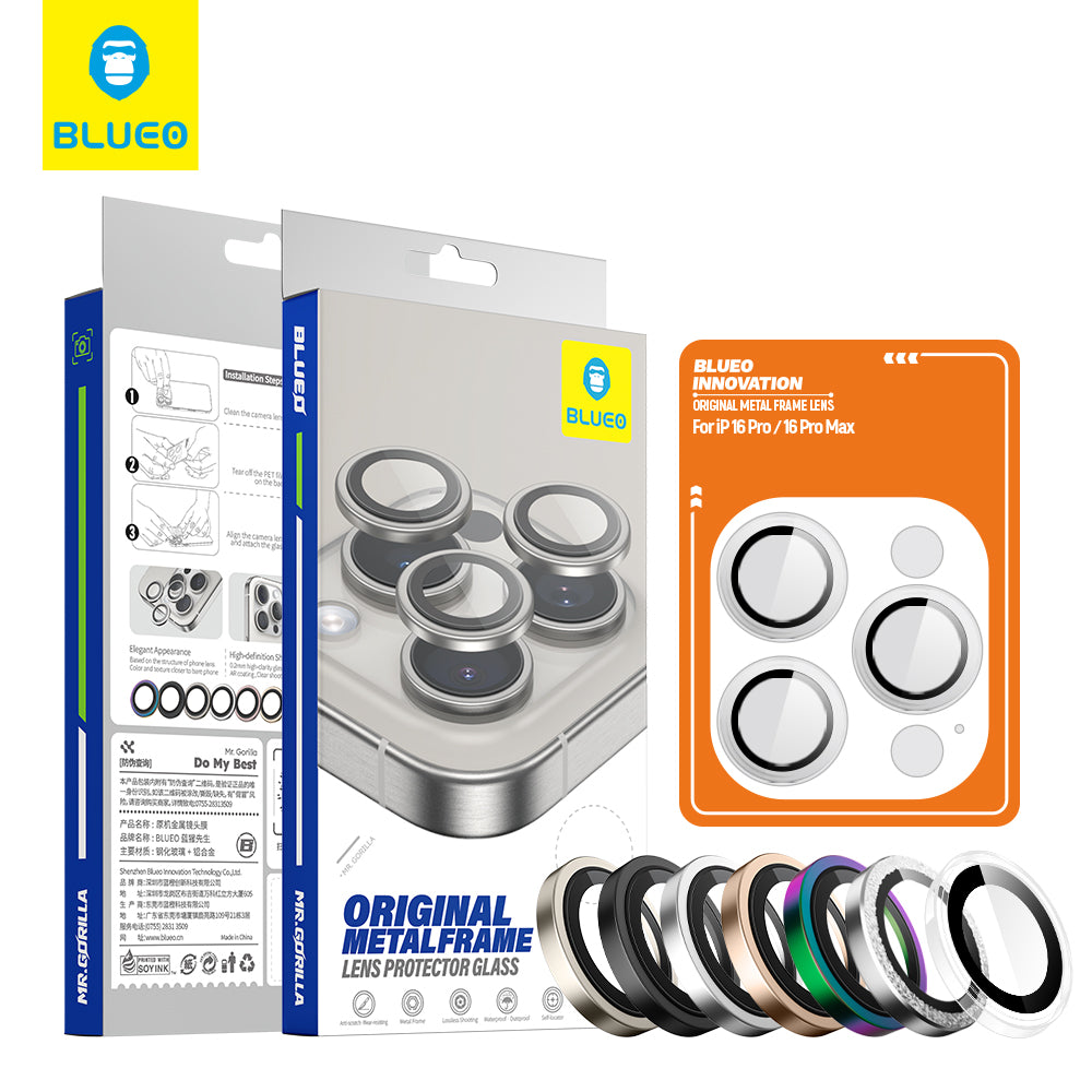 Ochranná fólia na zadnú kameru Blueo Metal Frame pre Apple iPhone 16 Pro Max / 16 Pro, tvrdené sklo, priehľadná