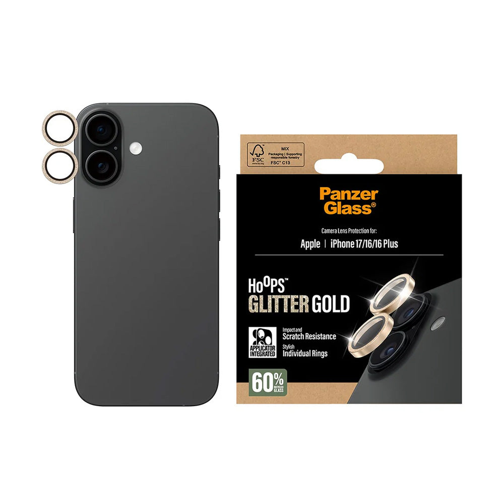 Ochranná fólia na zadnú kameru PanzerGlass Hoops Glitter pre Apple iPhone 17 / 16 Plus / 16, Tvrdené sklo, Zlatá