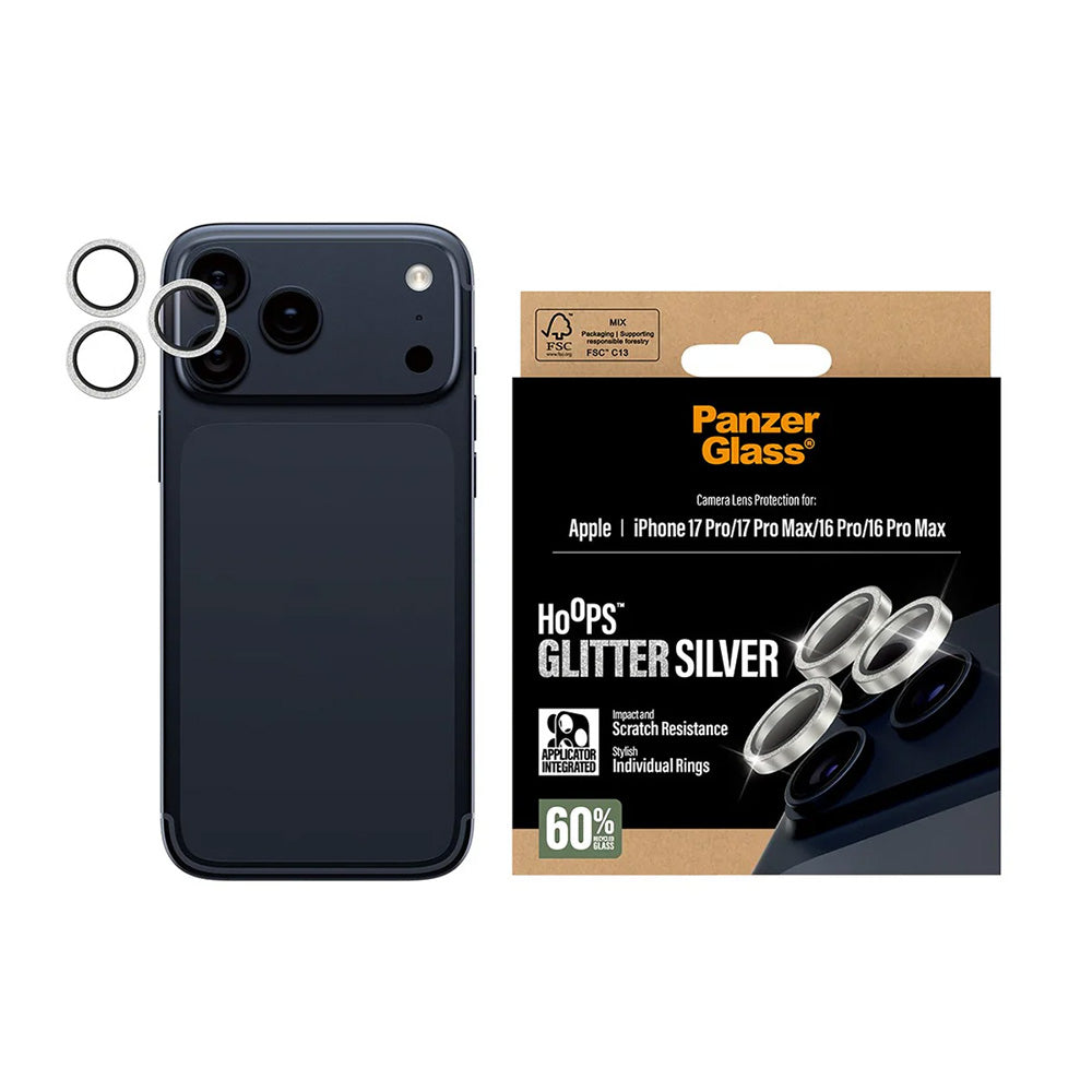 Ochranná fólia na zadnú kameru PanzerGlass Hoops Glitter pre Apple iPhone 17 Pro Max / 17 Pro / 16 Pro Max / 16 Pro, Tvrdené sklo, Strieborná