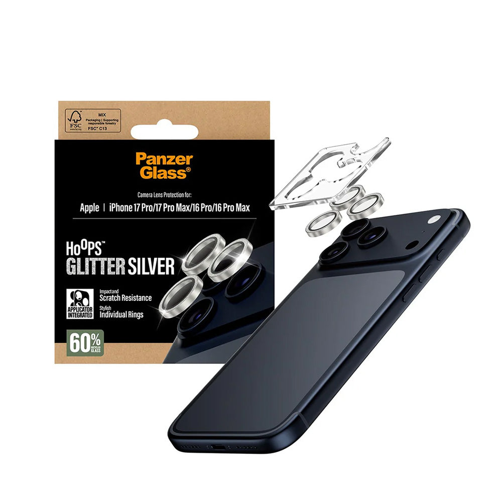Ochranná fólia na zadnú kameru PanzerGlass Hoops Glitter pre Apple iPhone 17 Pro Max / 17 Pro / 16 Pro Max / 16 Pro, Tvrdené sklo, Strieborná