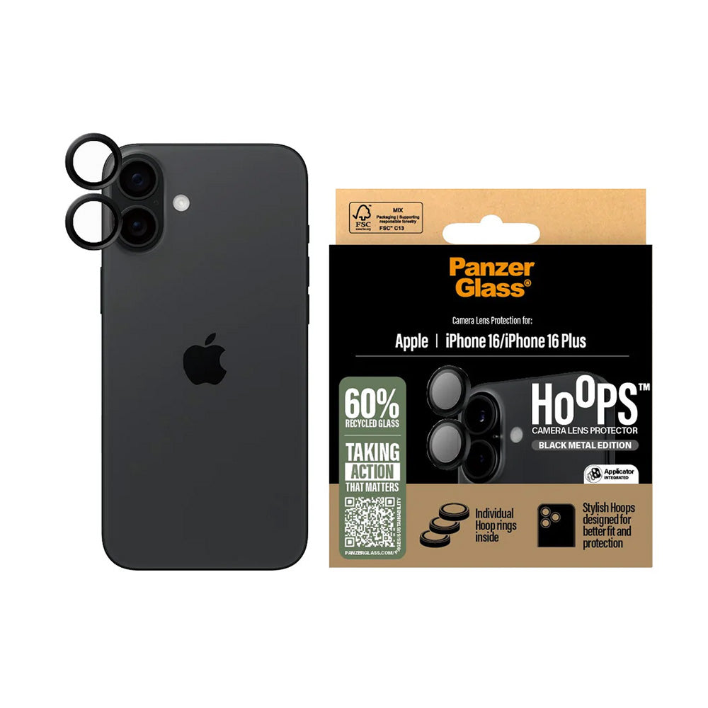 Ochranná fólia PanzerGlass Hoops na zadnú kameru pre Apple iPhone 16 Plus / 16, Kalené sklo, Čierna