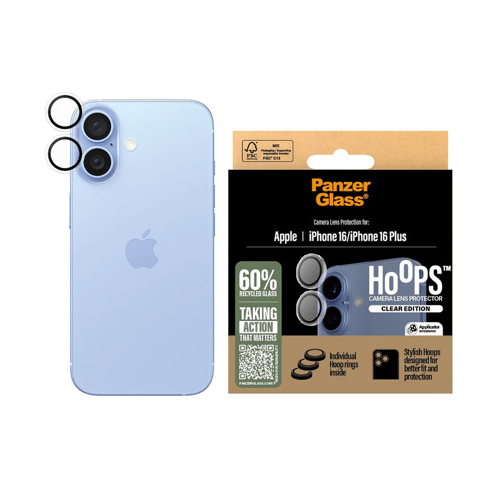Ochranná fólia PanzerGlass Hoops na zadnú kameru pre Apple iPhone 16 Plus / 16, Kalené sklo, Priehľadné
