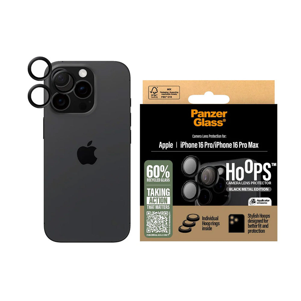 Ochranná fólia PanzerGlass Hoops na zadnú kameru pre Apple iPhone 16 Pro Max / 16 Pro, Tvrdené sklo, Čierna