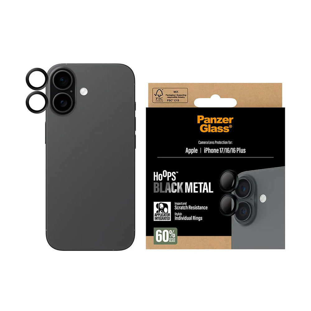Ochranná fólia PanzerGlass Hoops na zadnú kameru pre Apple iPhone 17 / 16 Plus / 16, Kalené sklo, Čierna