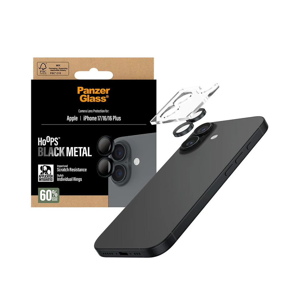 Ochranná fólia PanzerGlass Hoops na zadnú kameru pre Apple iPhone 17 / 16 Plus / 16, Kalené sklo, Čierna