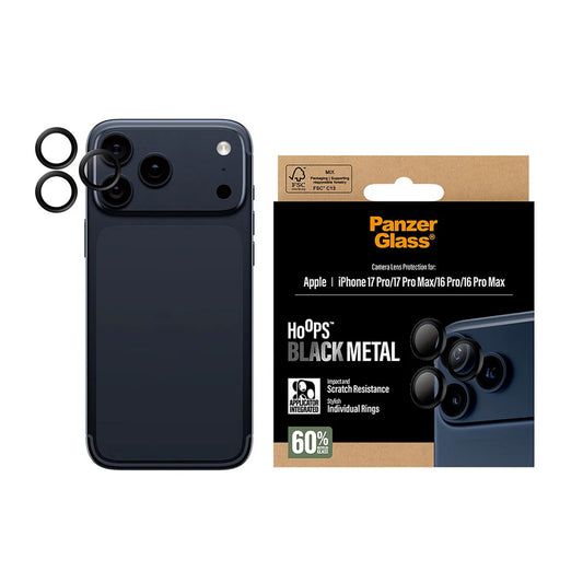 Ochranná fólia na zadnú kameru PanzerGlass Hoops pre Apple iPhone 17 Pro Max / 17 Pro / 16 Pro Max / 16 Pro, Tvrdené sklo, Čierna
