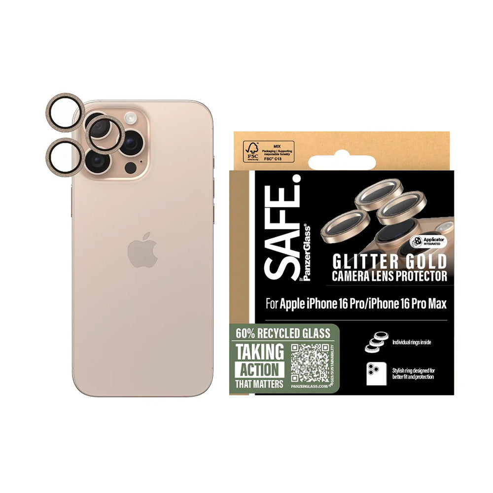 Ochranná fólia PanzerGlass Safe na zadnú kameru. Glitter pre Apple iPhone 16 Pro Max / 16 Pro, Tvrdené sklo, Zlatá