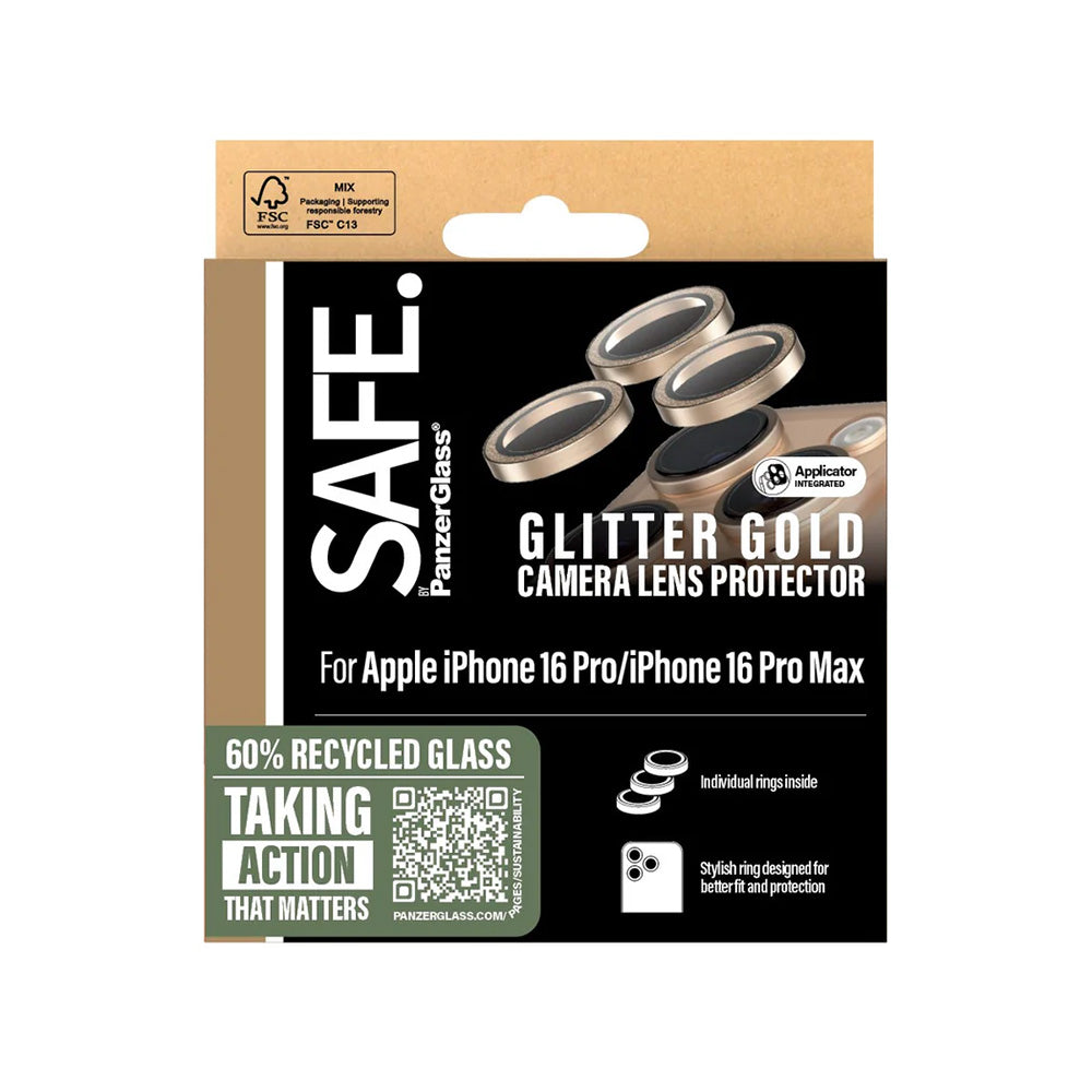 Ochranná fólia PanzerGlass Safe na zadnú kameru. Glitter pre Apple iPhone 16 Pro Max / 16 Pro, Tvrdené sklo, Zlatá