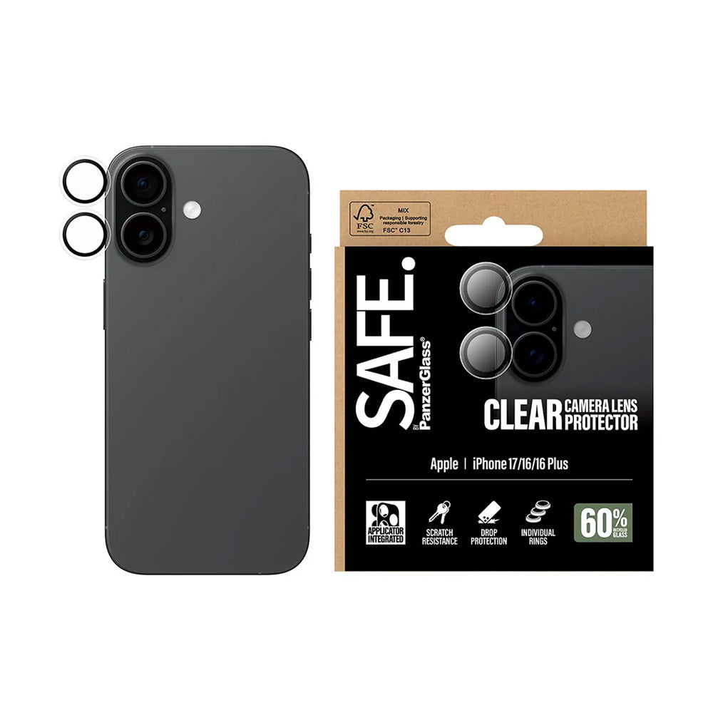 Ochranná fólia PanzerGlass Safe na zadnú kameru pre Apple iPhone 17 / 16 Plus / 16, Kalené sklo, Priehľadné