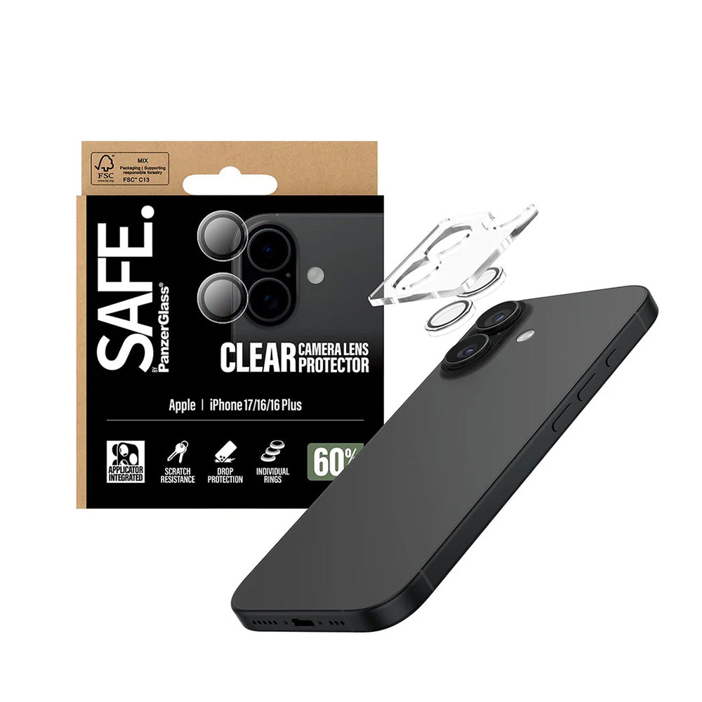 Ochranná fólia PanzerGlass Safe na zadnú kameru pre Apple iPhone 17 / 16 Plus / 16, Kalené sklo, Priehľadné