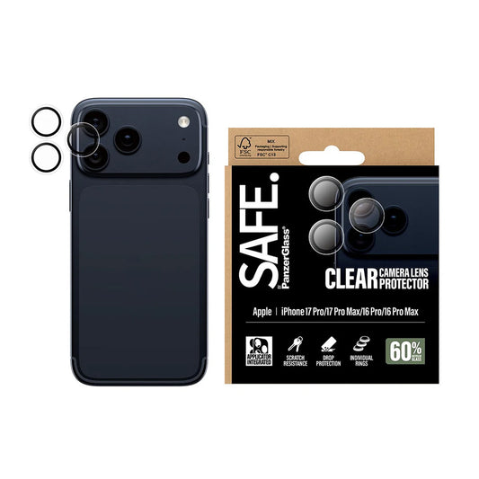 Ochranná fólia PanzerGlass Safe na zadnú kameru pre Apple iPhone 17 Pro Max / 17 Pro / 16 Pro Max / 16 Pro, Kalené sklo, Priehľadné