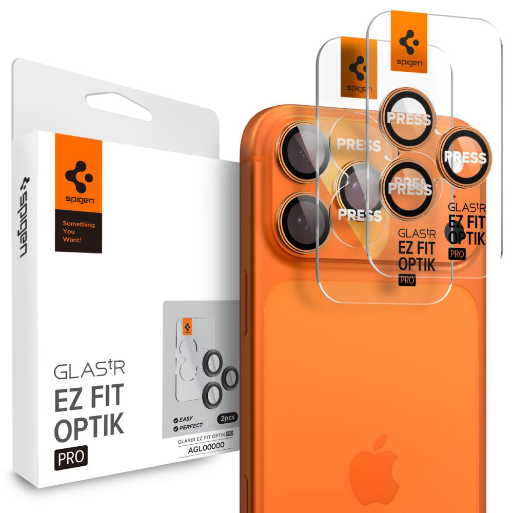 Ochranná fólia na zadnú kameru Spigen GlastR EZ FIT Optik Pro pre Apple iPhone 17 Pro Max / 17 Pro, Tvrdené sklo, Sada 2 kusy, Oranžová