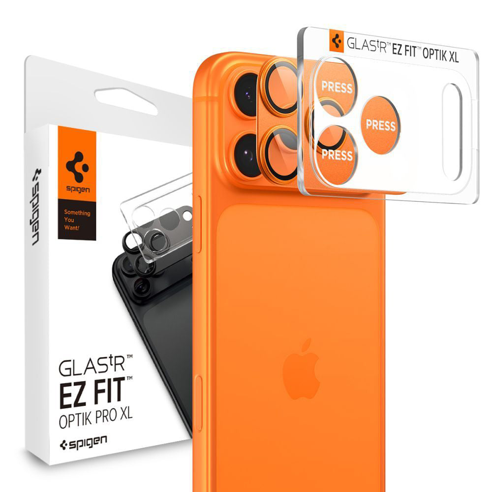 Ochranná fólia na zadnú kameru Spigen GlastR EZ FIT Optik Pro XL pre Apple iPhone 17 Pro, Tvrdené sklo, Oranžová AGL10645