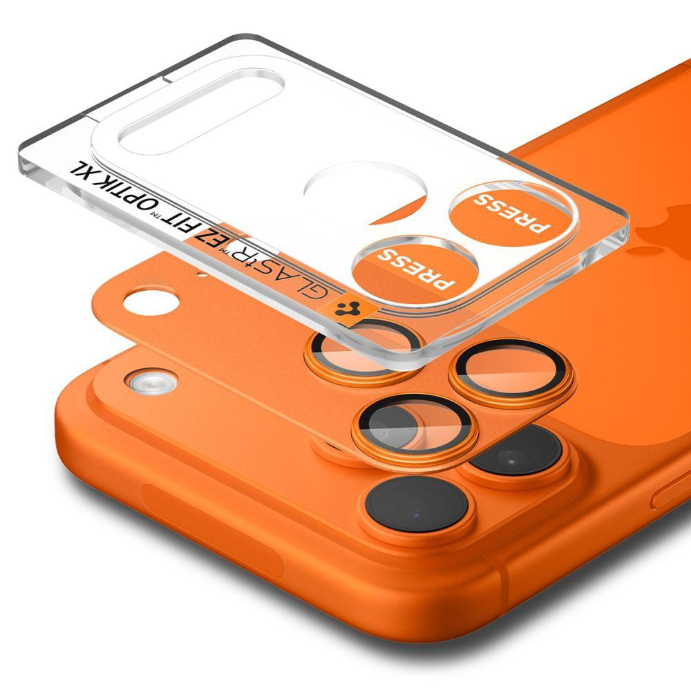 Ochranná fólia na zadnú kameru Spigen GlastR EZ FIT Optik Pro XL pre Apple iPhone 17 Pro, Tvrdené sklo, Oranžová AGL10645