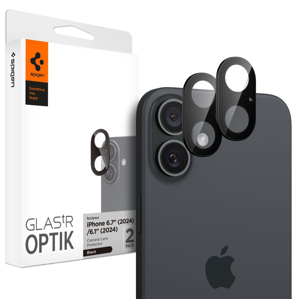 Ochranná fólia na zadnú kameru Spigen GlastR Optik pre Apple iPhone 16 Plus / 16, Kalené sklo, Sada 2 kusy, Čierna AGL07922