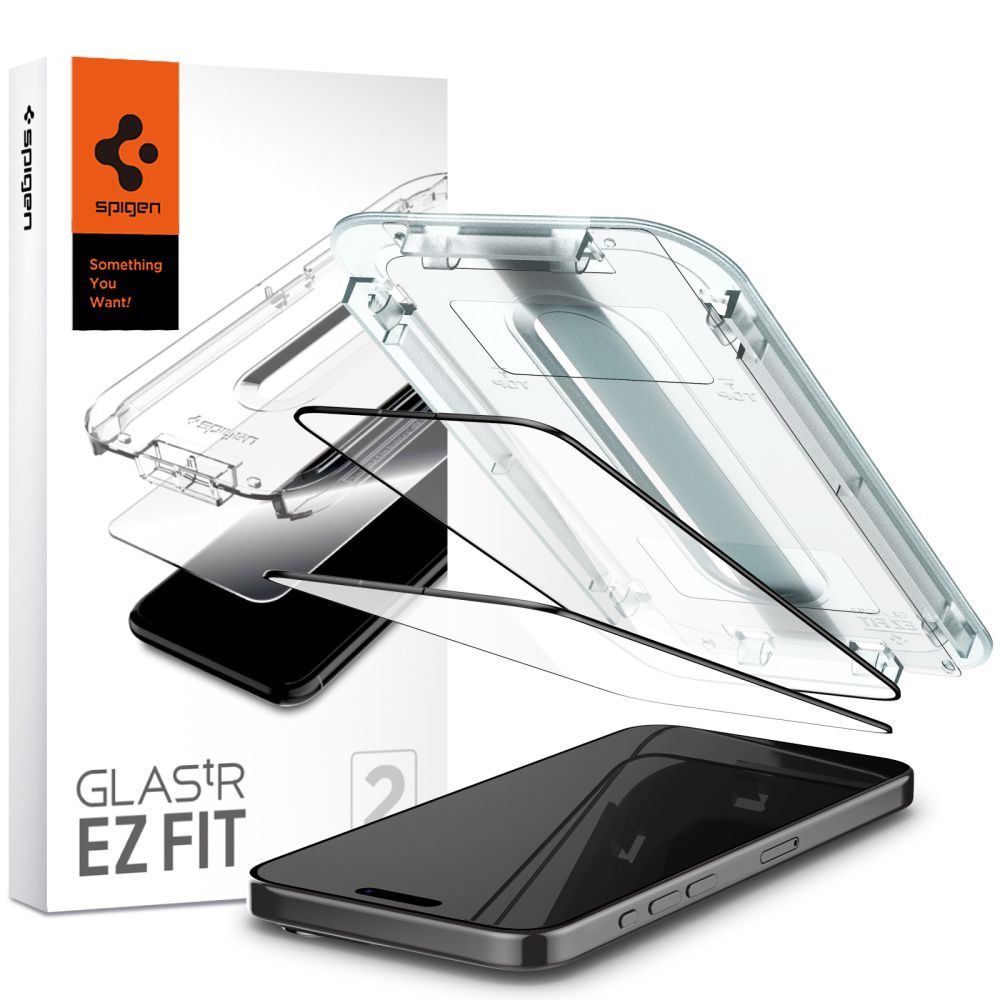 Spigen GlastR EZ FIT Screen Protector for Apple iPhone 15 Pro Max, Tempered Glass, Full Glue, Set of 2 pieces, Black AGL06873
