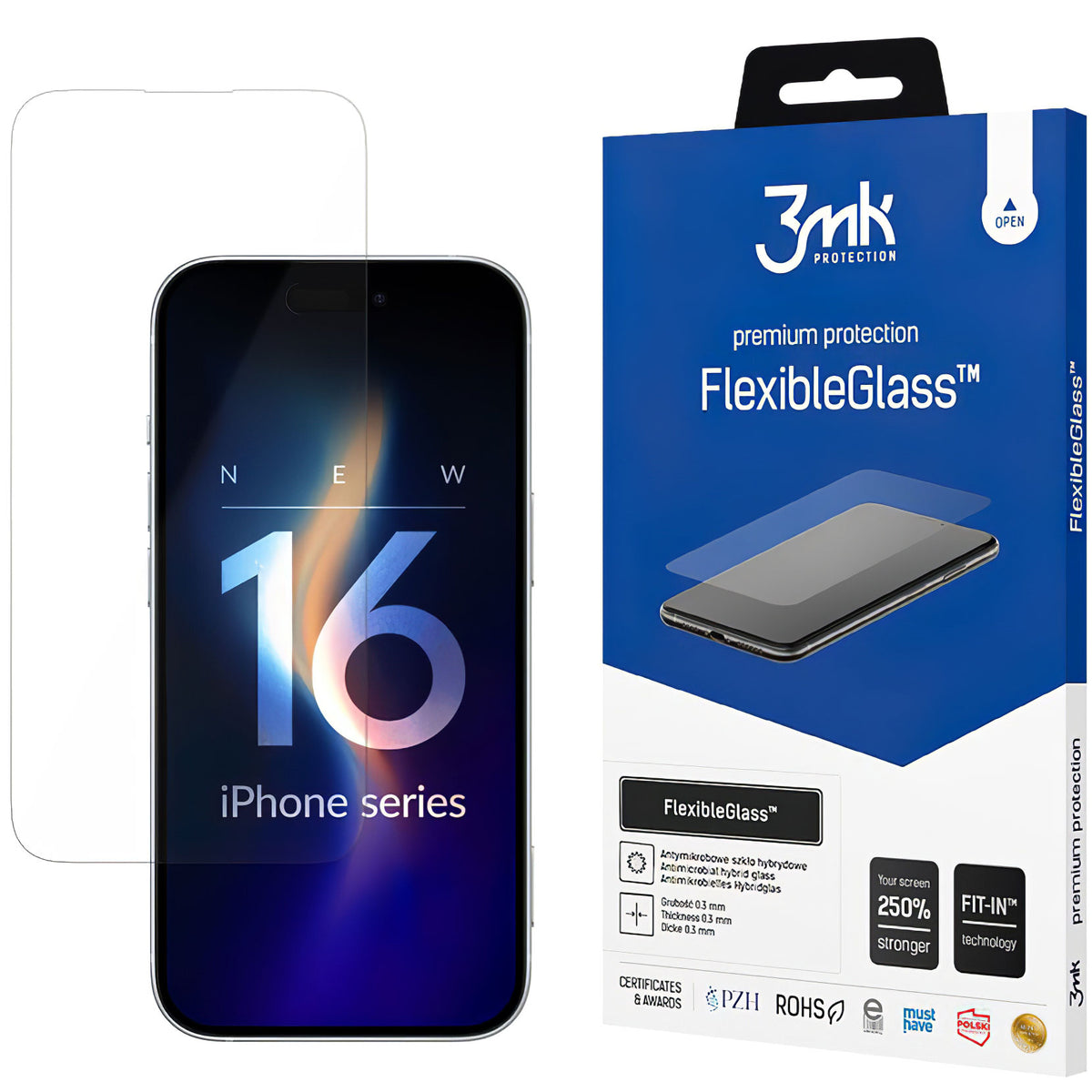 Ochranná fólia na displej 3MK FlexibleGlass pre Apple iPhone 16, flexibilné sklo, plné lepidlo