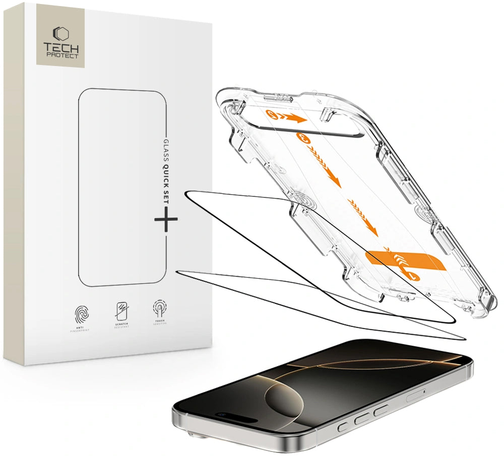Ochranná fólia na displej Tech-Protect Quick Set+ pre Apple iPhone 16 Pro, Tvrdené sklo, Full Glue, Sada 2 kusy, Čierna